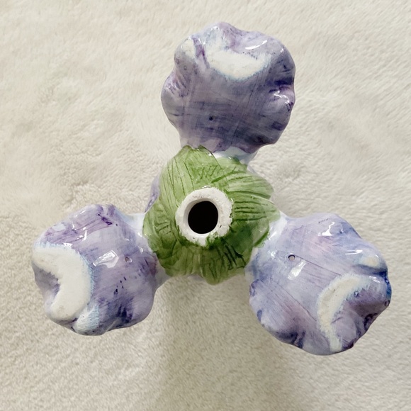 Handpainted Majolica-Style Iris Ceramic Candle Holder Purple Vintage Decor - Picture 10 of 13